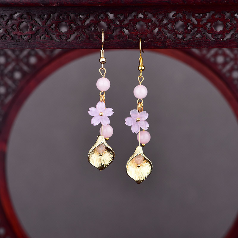 Earrings - Pink Natural Jade Flower Earrings Vintage