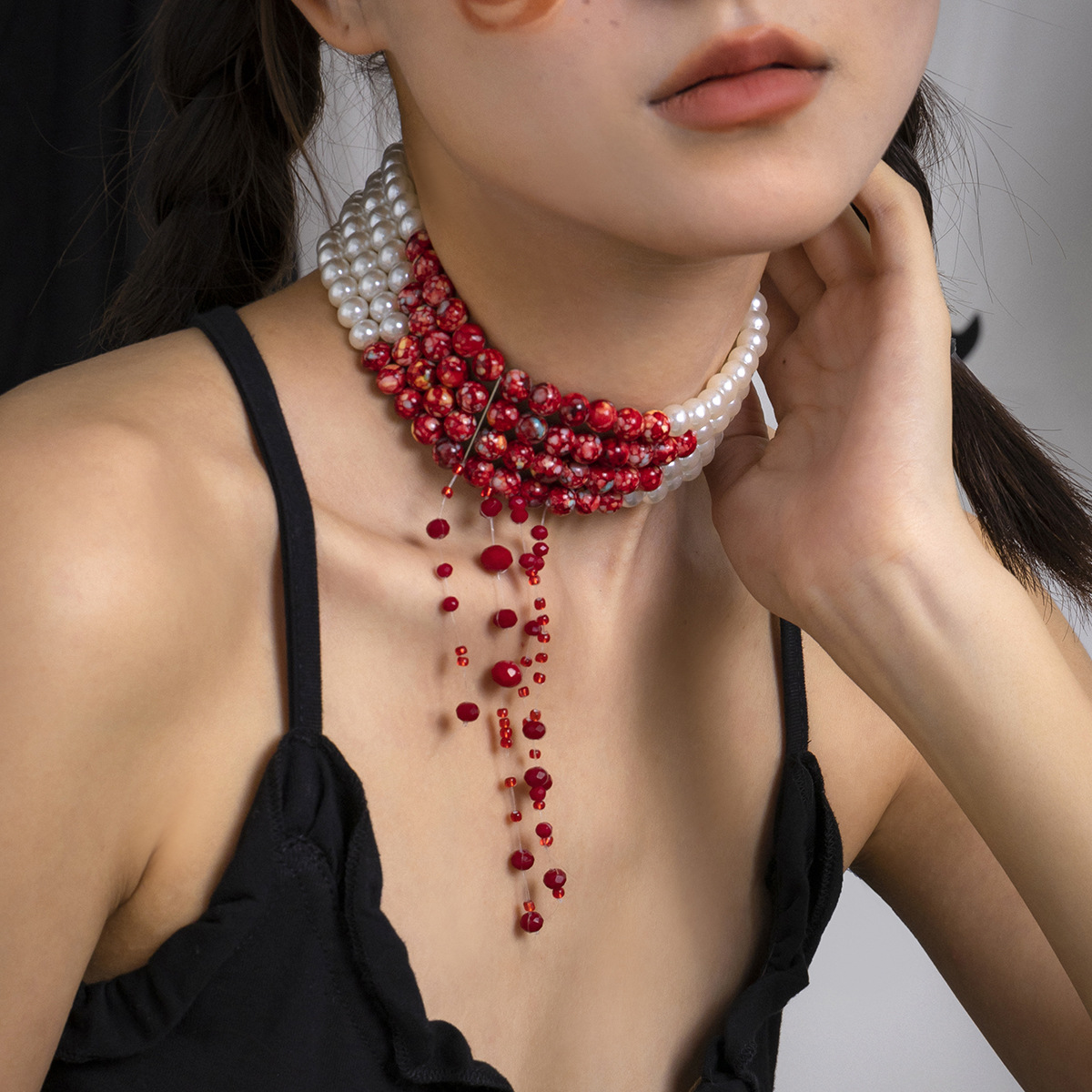 Multilayer Vintage Red Blood P - Pearl Choker Necklace Vintage 评论和价格